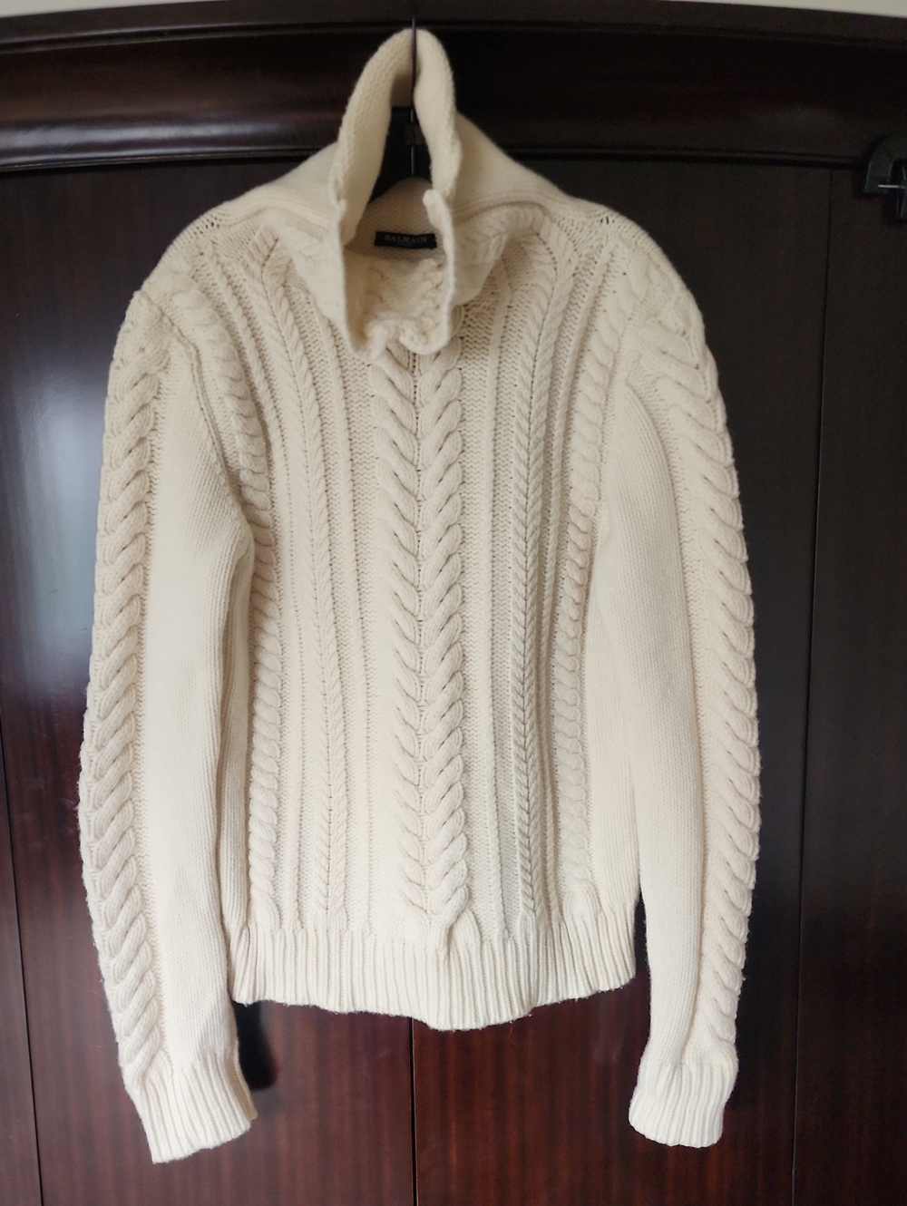Balmain Cream Cable Knit Zip-Up Sweater